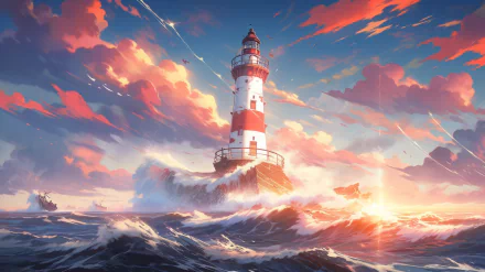 HD desktop wallpaper featuring an AI art rendition of a majestic lighthouse amidst vibrant sunset clouds and dynamic ocean waves.