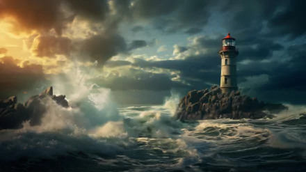 HD desktop wallpaper of an AI-generated art piece featuring a majestic lighthouse standing tall amidst tumultuous sea waves under a dramatic sky.