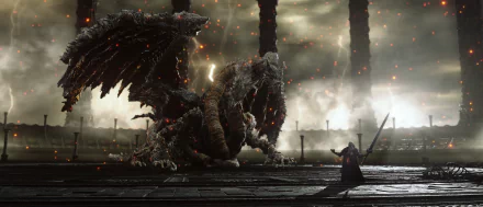 HD desktop wallpaper from Elden Ring featuring Dragonlord Placidusax in an epic confrontation with a knight on a dim, ember-lit battlefield.