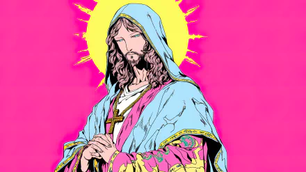 HD desktop wallpaper featuring a stylized illustration of Jesus in blue robes with a glowing halo on a vibrant pink background, capturing the essence of Christian religious art.