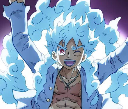 HD PC desktop wallpaper featuring Monkey D. Luffy in Gear 5 from the anime One Piece, depicted with fiery blue energy and a confident expression.