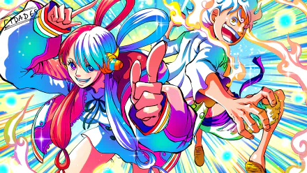 Uta and Monkey D. Luffy in Gear 5 are featured in this vibrant 4K Ultra HD anime wallpaper, capturing the energetic spirit of One Piece. Bright colors and dynamic poses enhance the scene.