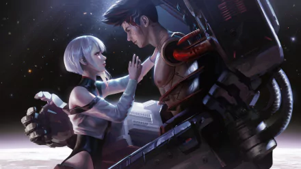 Anime Cyberpunk: Edgerunners 2K Quad HD PC wallpaper showing a white‑haired girl touching a shirtless cyborg man's chest, neon-lit mechanical armor against a starry, industrial nightscape.
