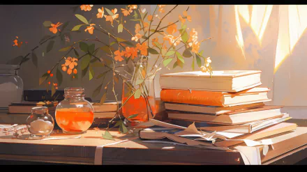 A cozy scene featuring a stack of books, a glass jar, and a vase with flowers, illuminated by warm light, serves as an inviting HD desktop wallpaper background.