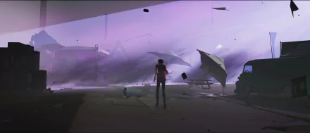 Mysterious landscape HD desktop wallpaper featuring a figure standing amid futuristic ruins with ethereal purple hues, tagged with Somerville.