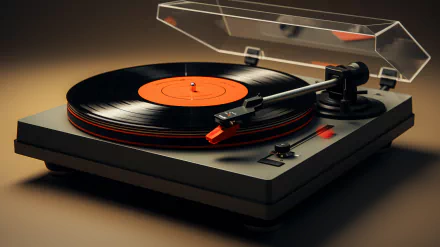 A close-up of a classic turntable with a black vinyl record, featuring a vibrant orange label, set against a warm background. A stylish HD desktop wallpaper for music lovers.
