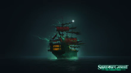HD desktop wallpaper from Shadow Gambit: The Cursed Crew featuring a mystical pirate ship sailing under a moonlit sky with ethereal green lights.