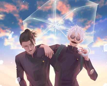 Suguru Geto and Satoru Gojo from Jujutsu Kaisen share a relaxed moment under a pastel sky in this vibrant 4K Ultra HD anime desktop wallpaper.