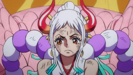 HD PC desktop wallpaper featuring Yamato from the anime One Piece with distinctive white hair, red horns, and a determined expression.