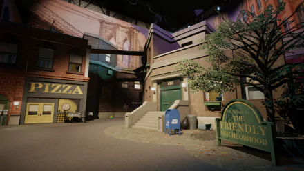 HD desktop wallpaper featuring a cozy neighborhood scene at twilight with a pizza shop, greenery, and a 'The Friendly Neighborhood' sign.