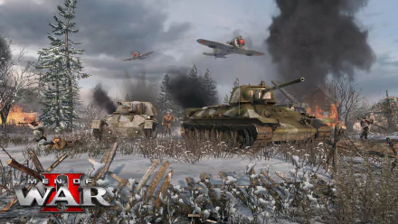 HD desktop wallpaper featuring a dramatic Men of War II game scene with tanks and aircraft in a snowy battlefield.