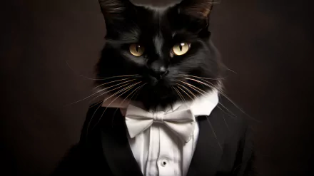 A charming black cat dressed in a tuxedo, showcasing its striking golden eyes, set against a dark background. This HD image makes an engaging desktop wallpaper.