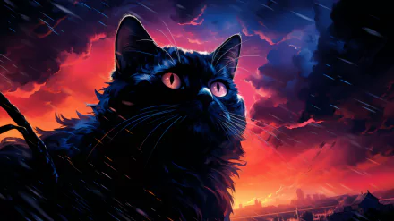 Black cat with glowing eyes set against a dramatic red and blue sky HD wallpaper background.