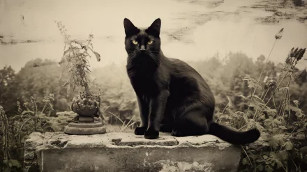 A striking black cat sits elegantly on a stone, surrounded by greenery. This HD wallpaper captures the feline's mysterious allure against a soft, atmospheric background.
