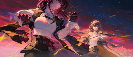 4K Ultra HD wallpaper featuring Stelle and Kafka from the video game Honkai: Star Rail against a vivid, dynamic sky backdrop.