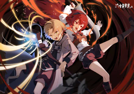 HD PC desktop wallpaper featuring anime characters Eris Boreas Greyrat and Rudeus Greyrat from Mushoku Tensei: Jobless Reincarnation in dynamic action poses.
