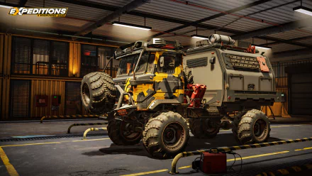 HD desktop wallpaper featuring an off-road vehicle from Expeditions: A MudRunner Game in a garage setting for game enthusiasts.