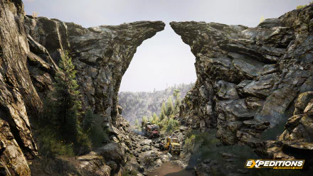 HD desktop wallpaper featuring off-road vehicles from Expeditions: A MudRunner Game navigating rocky terrain under a natural stone arch.