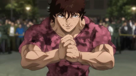 HD desktop wallpaper of Baki Hanma character ready to fight in a martial arts stance, with an intense expression and a crowd in the background.