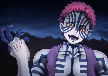 4K Ultra HD PC desktop wallpaper featuring Akaza from the anime Demon Slayer: Kimetsu no Yaiba with detailed blue markings and glowing yellow eyes against a dark background.