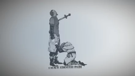 HD PC wallpaper of Vinland Saga's Thorfinn in monochrome: standing with sword while a kneeling figure bows, caption I HAVE ENOUGH PAIN, conveying an I have no enemies mix mood.
