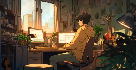 A serene anime room scene featuring a character working at a desk with dual monitors, surrounded by plants and illuminated by warm sunlight streaming through a window. Lofi vibes abound.