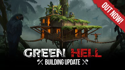 Green Hell game HD wallpaper featuring Building Update with a treehouse in a jungle setting and the text 'OUT NOW.'