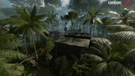 HD wallpaper featuring Green Hell game with a rustic shelter amidst lush jungle foliage for desktop background.