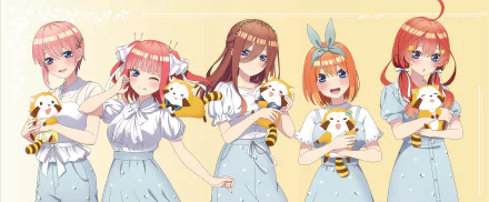 4K Ultra HD desktop wallpaper featuring Ichika, Nino, Yotsuba, Miku, and Itsuki Nakano from the anime The Quintessential Quintuplets, each holding small tiger plushies.