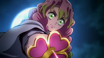 HD Anime desktop wallpaper featuring a close-up of a Demon Slayer: Kimetsu no Yaiba character with glowing green eyes and pink heart-shaped gloves against a moonlit background.