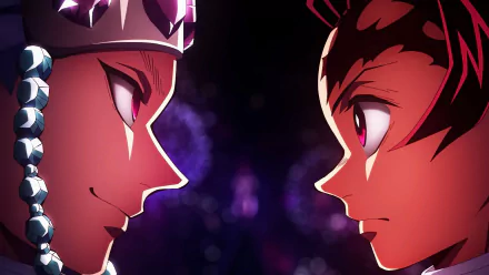 HD PC desktop wallpaper featuring a close-up anime scene from Demon Slayer: Kimetsu no Yaiba with two characters facing each other against a dark, blurred background.