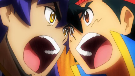 HD wallpaper featuring an intense close-up of Leon and Ash Ketchum from Pokémon Ultimate Journeys: The Series, expressing determination and rivalry.