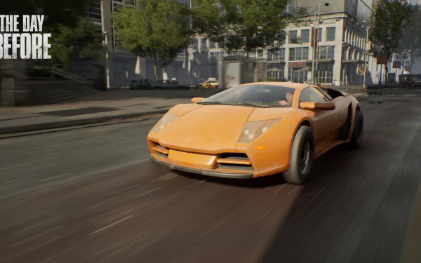 An orange sports car speeding on a city street from the game 'The Day Before' in an HD desktop wallpaper.