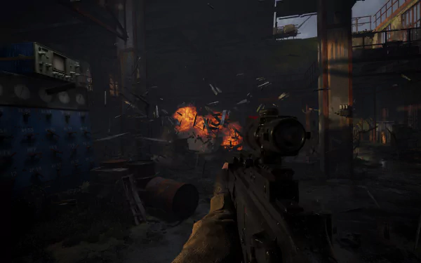 HD desktop wallpaper featuring a tense moment from S.T.A.L.K.E.R. 2: Heart of Chernobyl, with a first-person view of a gun aimed at an explosive scene.