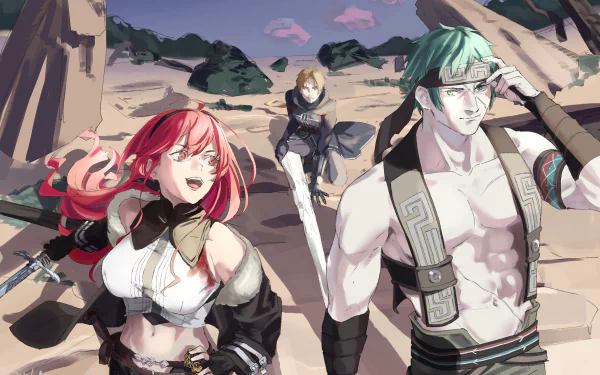 HD anime wallpaper featuring Ruijerd Superdia, Rudeus Greyrat, and Eris Boreas Greyrat from Mushoku Tensei: Jobless Reincarnation in an outdoor desert setting.