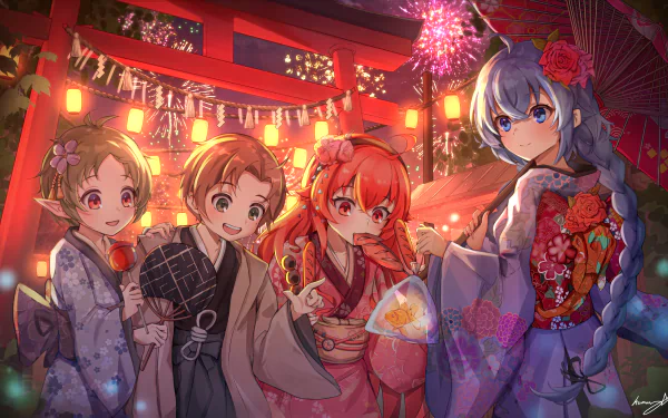 4K Ultra HD anime wallpaper featuring Roxy Migurdia, Eris Boreas Greyrat, Rudeus Greyrat, and Sylphiette from Mushoku Tensei: Jobless Reincarnation at a vibrant festival.