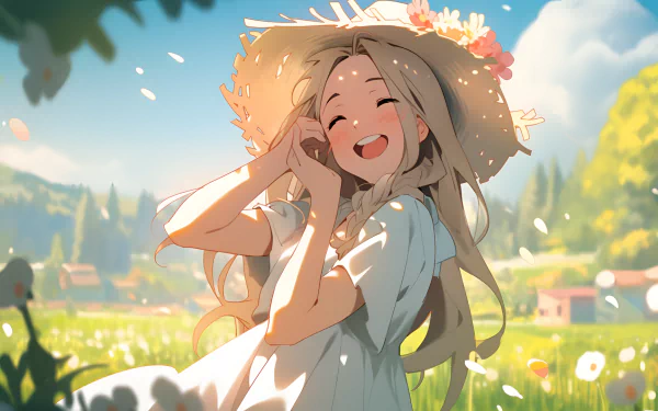 A cheerful anime girl in a straw hat smiles joyfully in a vibrant meadow, surrounded by flowers and a clear blue sky, creating a captivating HD desktop wallpaper.