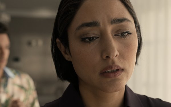 HD desktop wallpaper featuring a thoughtful woman from Extraction 2 with a blurred person in the background, perfect for fans of Golshifteh Farahani.