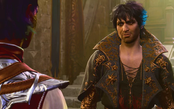 HD desktop wallpaper from Baldur's Gate 3 featuring a detailed close-up of a male character in ornate clothing, speaking to another character.