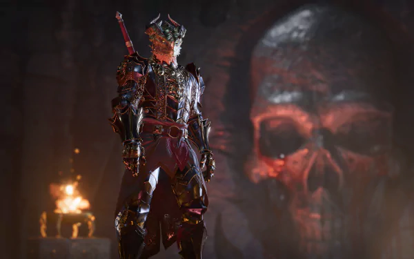 HD desktop wallpaper from Baldur's Gate 3 featuring a warrior in ornate armor, standing before a giant skull backdrop in a dark, eerie setting.