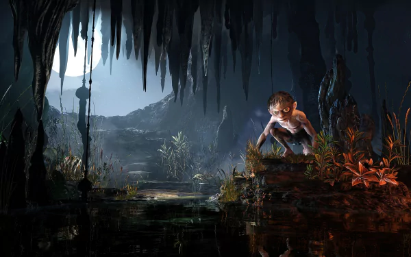 HD desktop wallpaper of a Gollum from The Lord of the Rings, in a dark cave with luminescent plants.