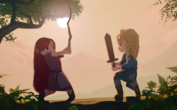 HD desktop wallpaper featuring characters from Nimona in a playful sword fight stance with a misty forest backdrop.