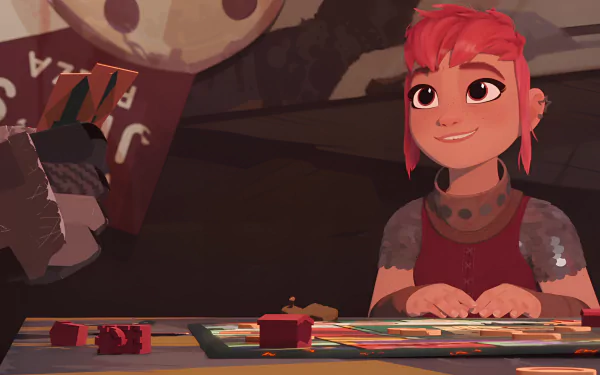 Colorful HD desktop wallpaper featuring Nimona, an animated character, joyfully playing a game, showcasing her vibrant pink hair and a warm, inviting smile.