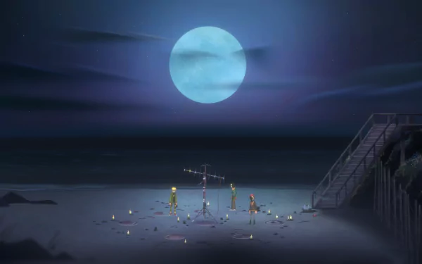 HD desktop wallpaper featuring a scene from Oxenfree II: Lost Signals with characters on a moonlit beach with mysterious antennae and candles.