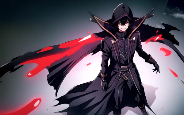 Cid Kagenou from The Eminence in Shadow stands confidently in dark, detailed anime attire with a flowing cloak and red energy effects in this HD PC desktop wallpaper.