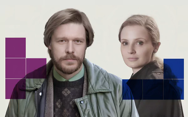 HD desktop wallpaper with a Tetris theme featuring two individuals and graphical Tetris block elements overlaid on the image.