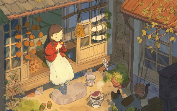 eating architecture cat brown hair Anime girl anime girl anime cat HD Desktop Wallpaper | Background Image