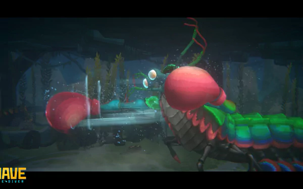 Dave the Diver HD wallpaper featuring an animated underwater scene with a stylized diver and a giant, colorful mantis shrimp.