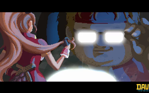 HD desktop wallpaper featuring a pixel art scene with a character named Dave the Diver in a diving suit illuminated by a light source, with another character in the foreground, tagged with 'Dave the Diver' for themed background.