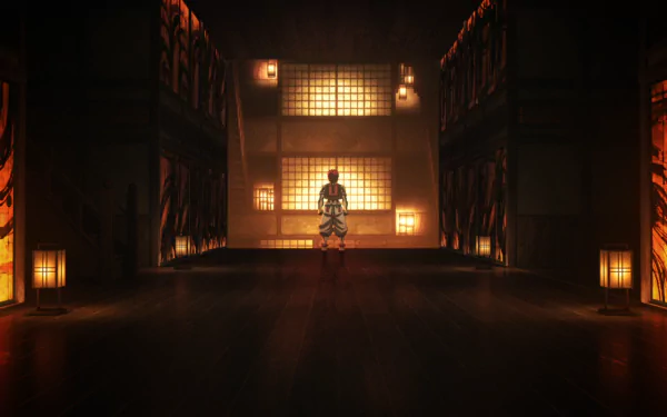 Akaza, a character from Demon Slayer: Kimetsu no Yaiba, depicted in an HD desktop wallpaper, showcasing his powerful and striking anime design.